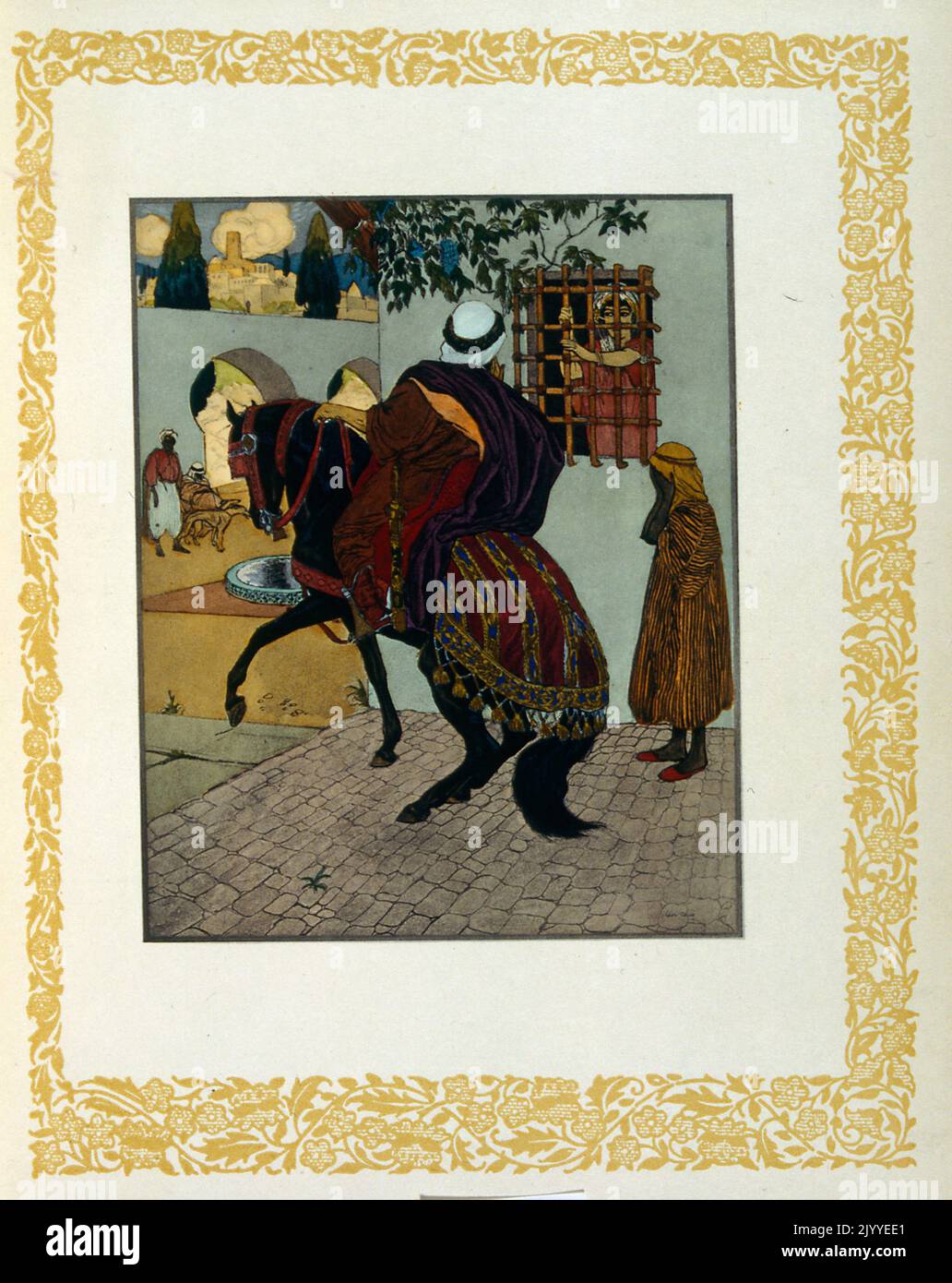 Coloured Illustration of an Arab on horseback walking through the streets; Oriental style. Stock Photo