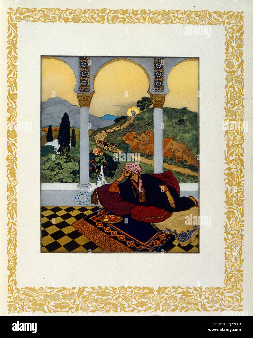 Coloured Illustration of an Arab man reclining on his terrace; Oriental style. Stock Photo