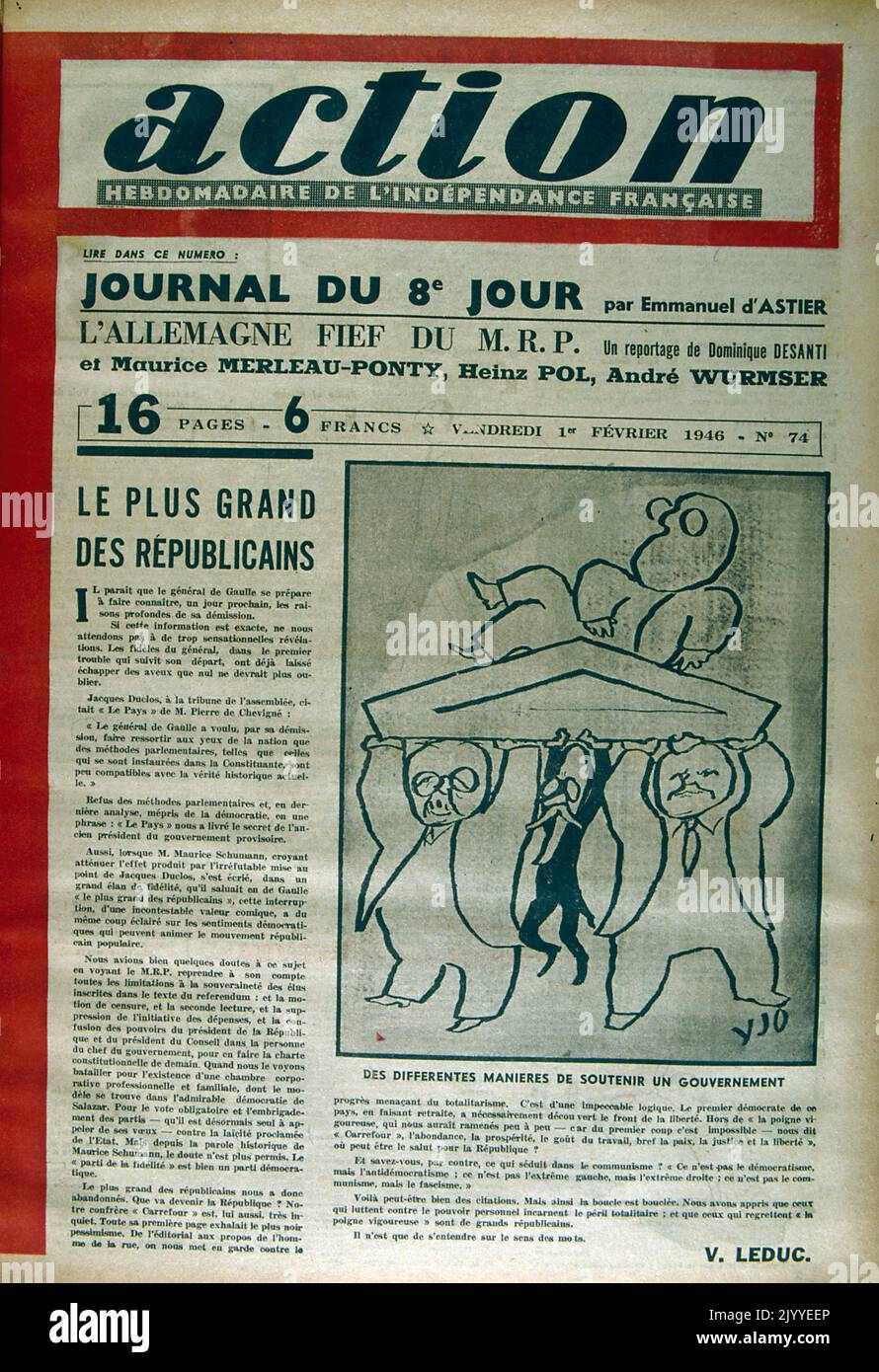 Front page of the French weekly independent newspaper 'Action' dated 1 February 1946, headline reads 'The Greatest of the Republicans'. Stock Photo