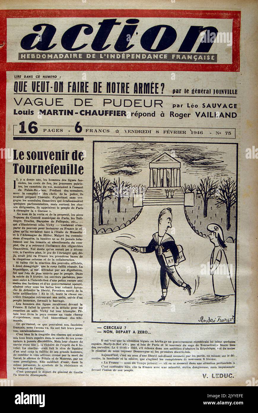 Front page of the French weekly independent newspaper 'Action' dated 8 February 1946, headline reads 'What shall we do with our Army?' Stock Photo