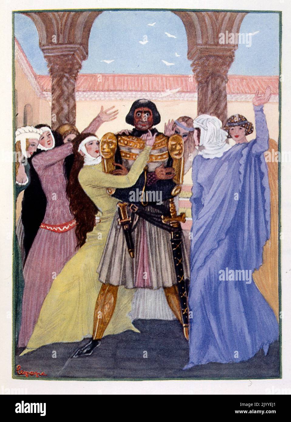 Coloured Illustration depicting elegant women surrounding a gladiator-type man at a social gathering. Stock Photo