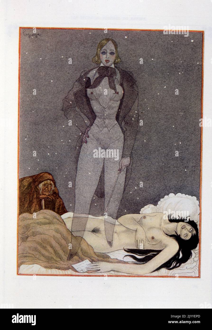 Illustration depicting a fantastical image of a woman's spirit emanating from her dead body. By Georges Lepape (1887-1971), French poster artist, illustrator and fashion designer Stock Photo