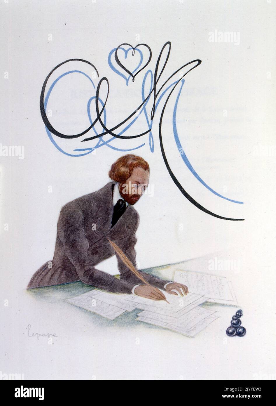 Portrait of Alfred de Musset at his writing desk with a quill; By Georges Lepape (1887-1971), French poster artist, illustrator and fashion designer. Stock Photo