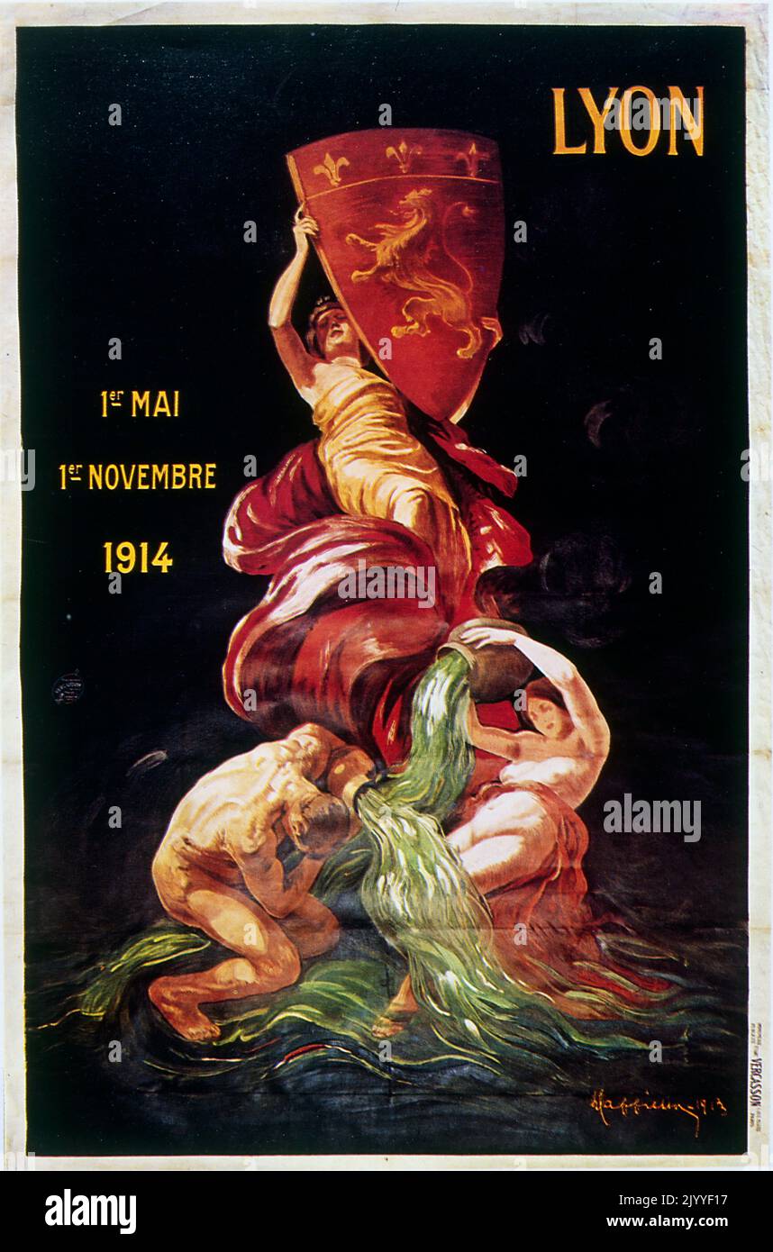 Patriotic coloured poster advertising the World's Fair of Lyon. the German and Austrian exhibitions closed early on 2 August 1914 due the start of the First World War. Stock Photo