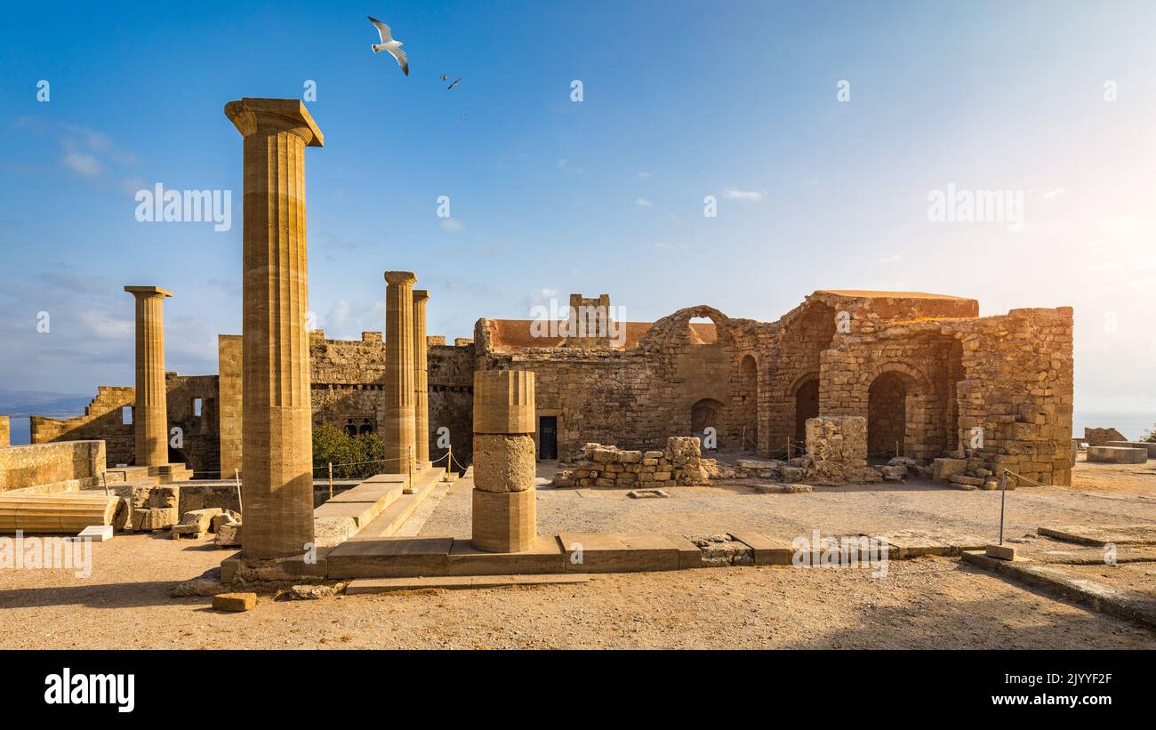 Ruins of Acropolis of Lindos view, Rhodes, Dodecanese Islands, Greek ...