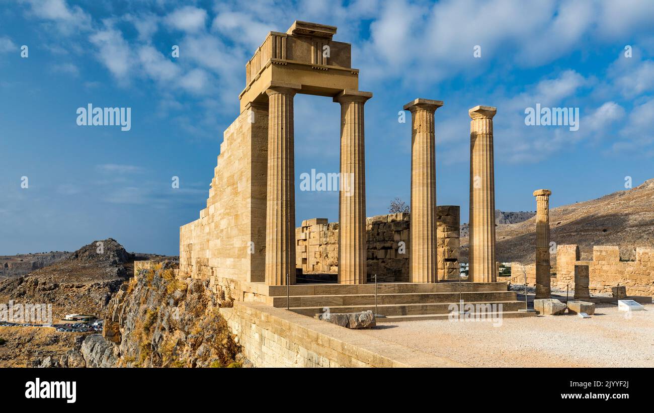 Ruins of Acropolis of Lindos view, Rhodes, Dodecanese Islands, Greek Islands, Greece. Acropolis of Lindos, ancient architecture of Rhodes, Greece. Stock Photo