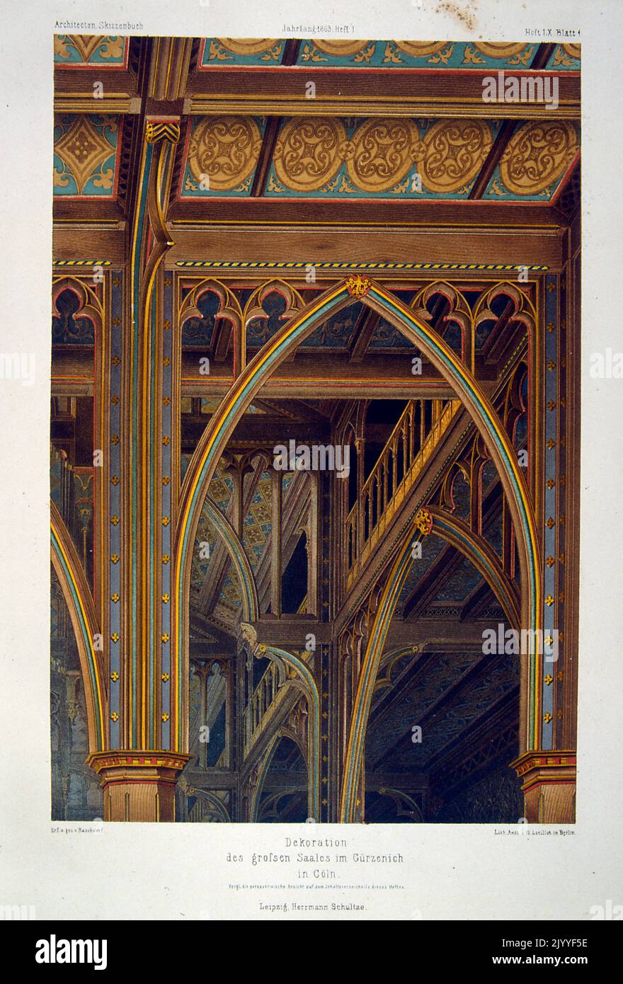 Coloured Illustration depicting the interior of the nave of a Cathedral in Cologne. Stock Photo