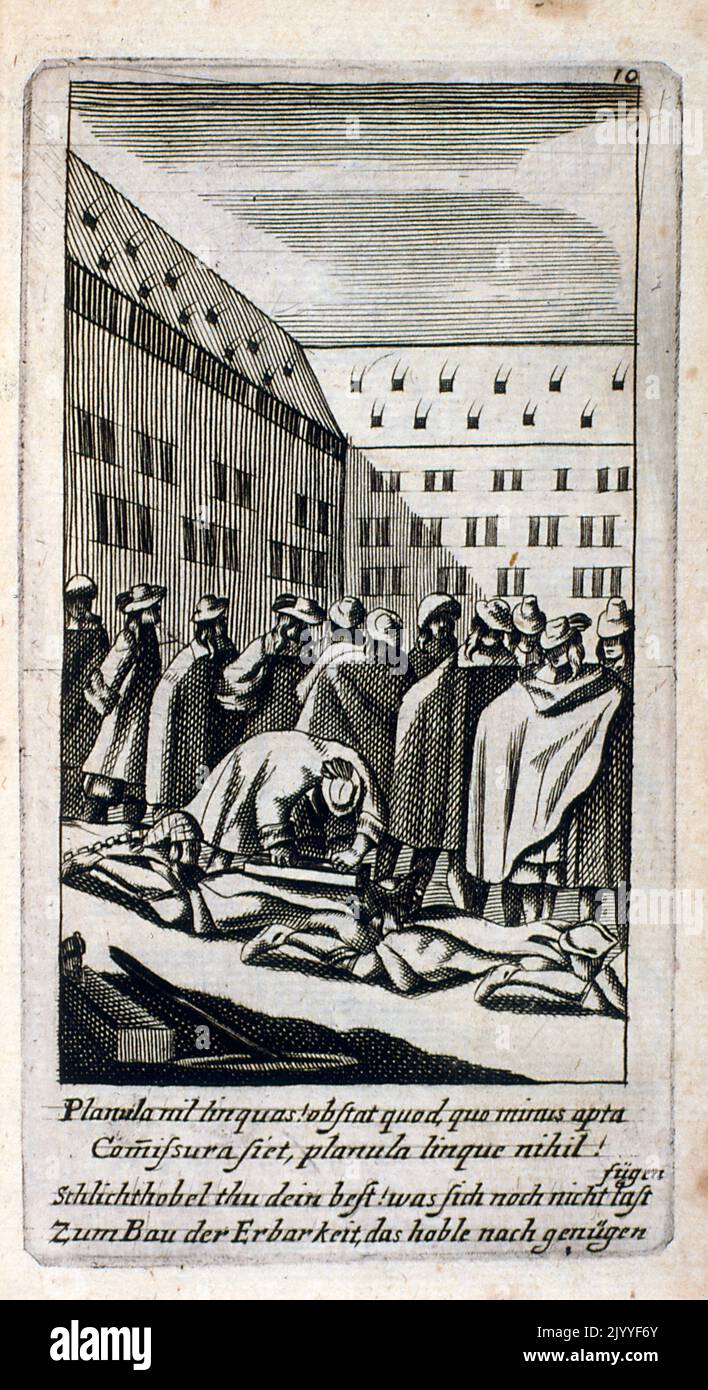 Medievalstyle engraving depicting a public execution and quartering of