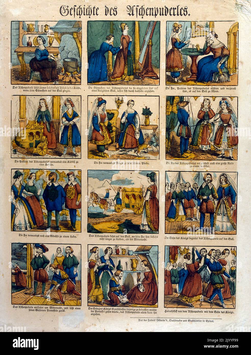 Coloured comic strip, hand painted, of the Cinderella story set in the 16th Century Stock Photo
