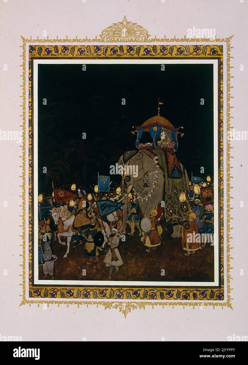 Coloured Illustration of the arrival of a parade with elephants. Illustrated by Edmund Dulac (1882-1953), a French British naturalised magazine and book illustrator. Stock Photo