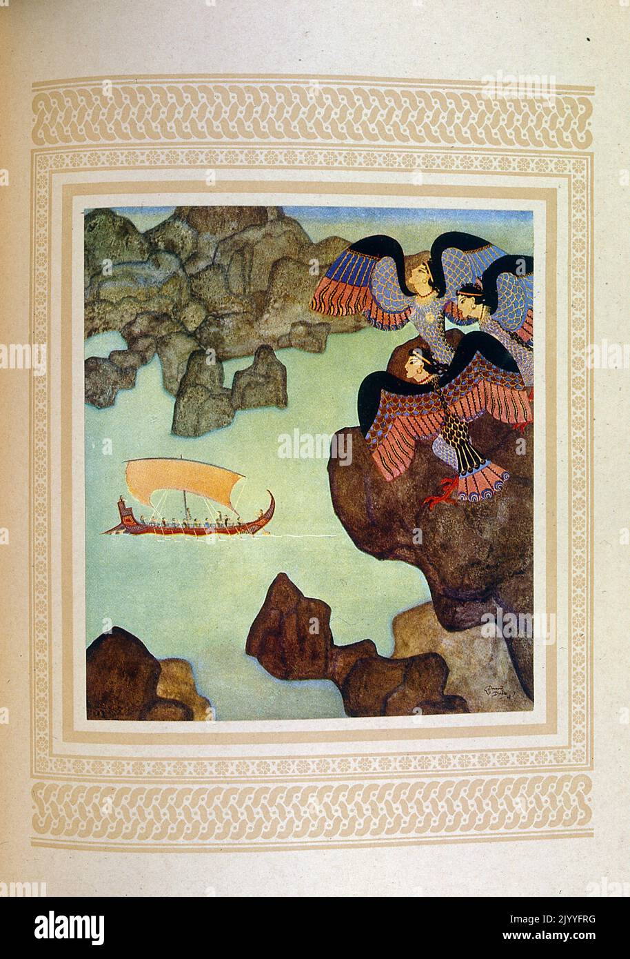 Coloured Illustration of the three sirens calling Odysseus on his way back from Troy. Illustrated by Edmund Dulac (1882-1953), a French British naturalised magazine and book illustrator. Stock Photo