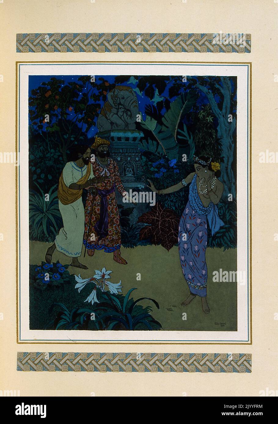 Coloured Illustration of two suitors amusing a young woman who gestures coyly. Illustrated by Edmund Dulac (1882-1953), a French British naturalised magazine and book illustrator. Stock Photo