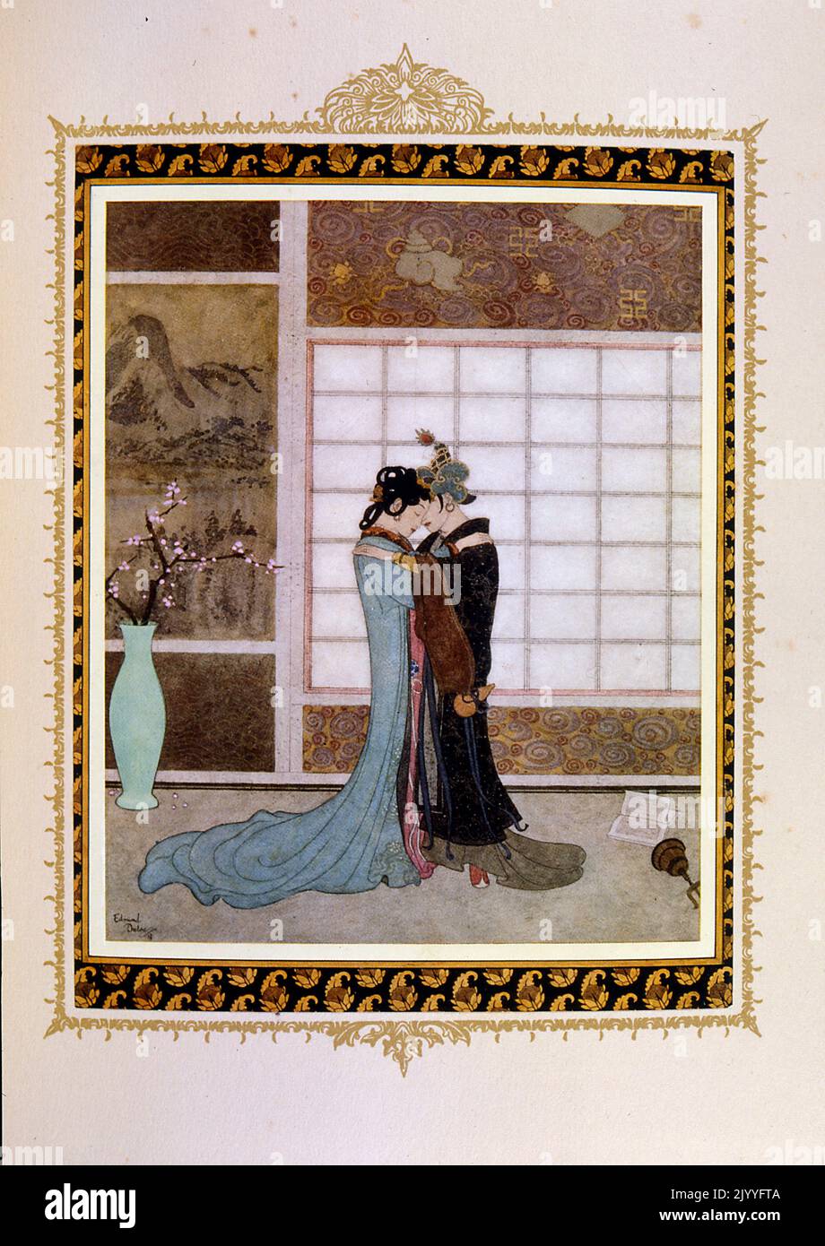 Illustration from 'Princess Badoura: A Tale from the Arabian Nights' depicting the Princess embracing her mother. Illustrated by Edmund Dulac (1882-1953), a French British naturalised magazine and book illustrator. Stock Photo