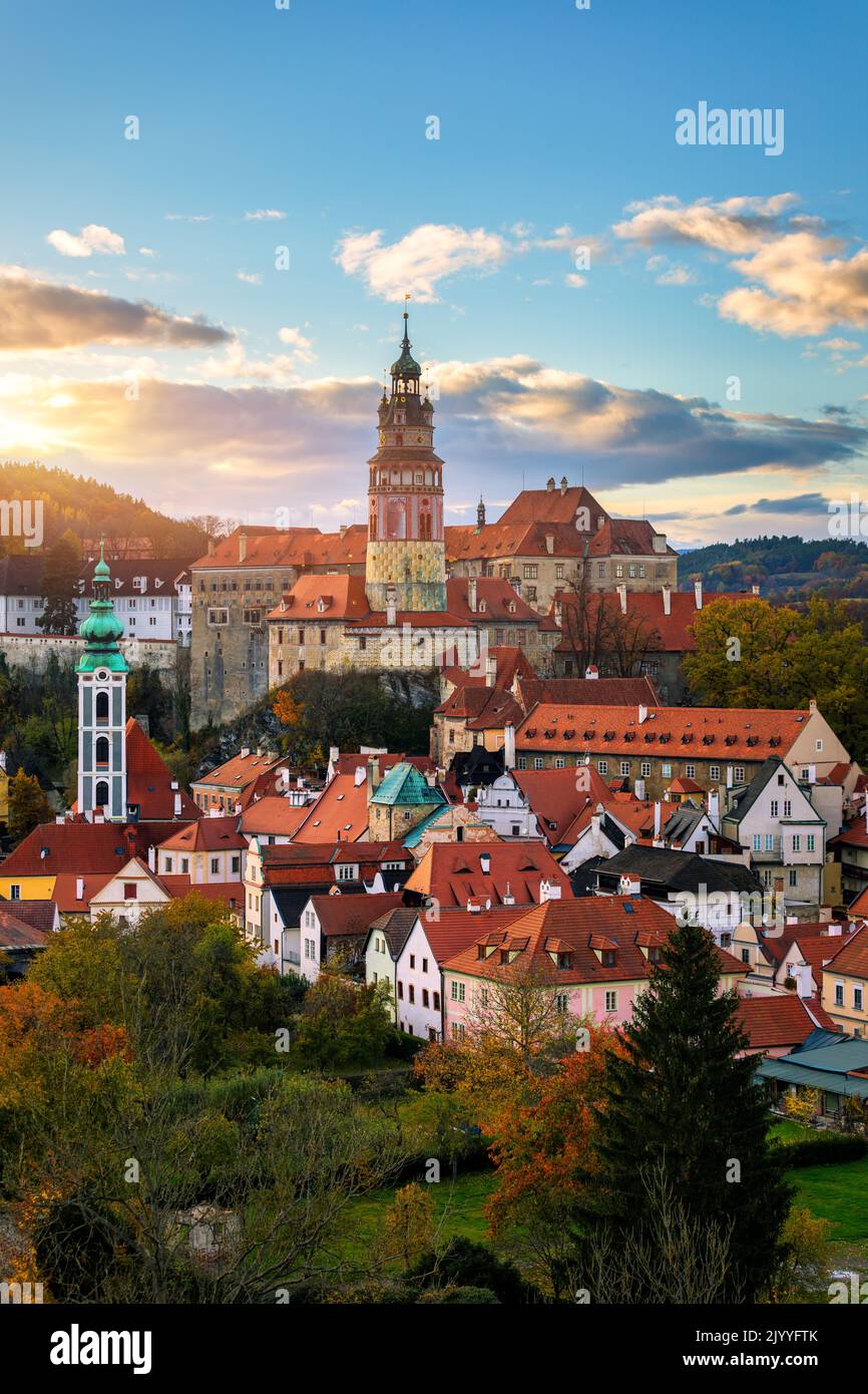 View of historical centre of Cesky Krumlov town on Vltava riverbank on autumn day overlooking medieval Castle, Czech Republic. View of old town of Ces Stock Photo