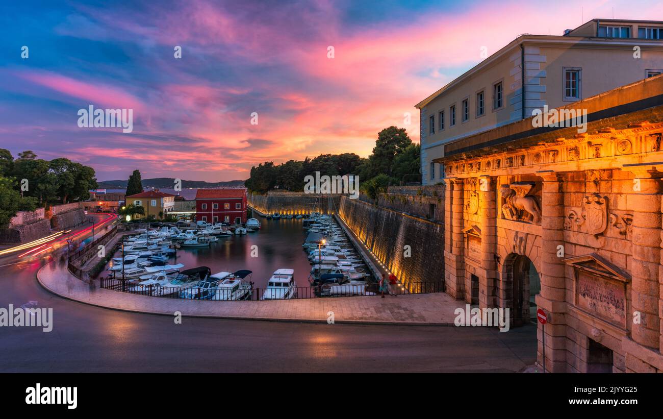 The Land Gate in Zadar at sunset, the main entrance into the city, built by a Venetian architect Michele Sanmicheli in 1543, Zadar, Croatia. The Land Stock Photo