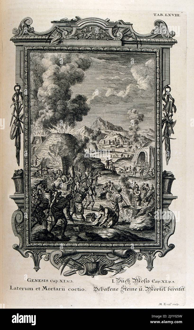 Engraving depicting the making of bricks and mortar from the Book of Genesis. The Illustration is set within an ornate frame. Stock Photo