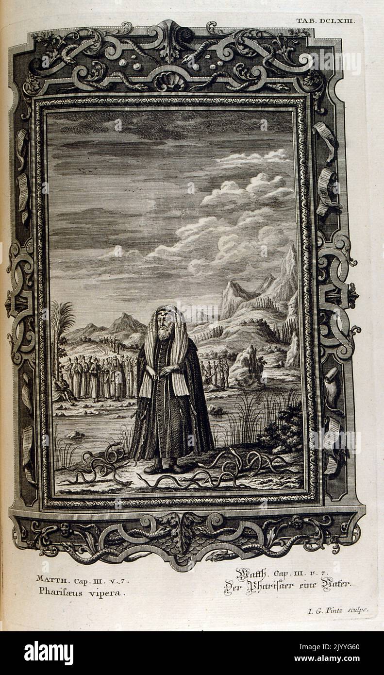 Engraving depicting a Pharaoh surrounded by vipers during the plagues set upon Egypt from the Book of Exodus. The Illustration is set within an ornate frame. Stock Photo