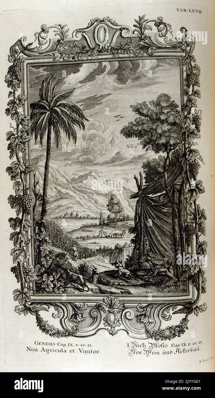 Engraving depicting Noah tilling the land. The Illustration is set within an ornate frame. Stock Photo