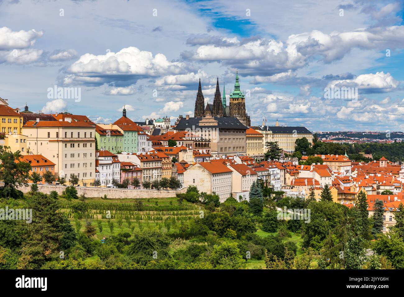 Prague Castle and Lesser Town panorama. View from Petrin Hill. Prague, Czech Republic. View of Prague Castle from Strahov monastery. Prague, Czech Rep Stock Photo