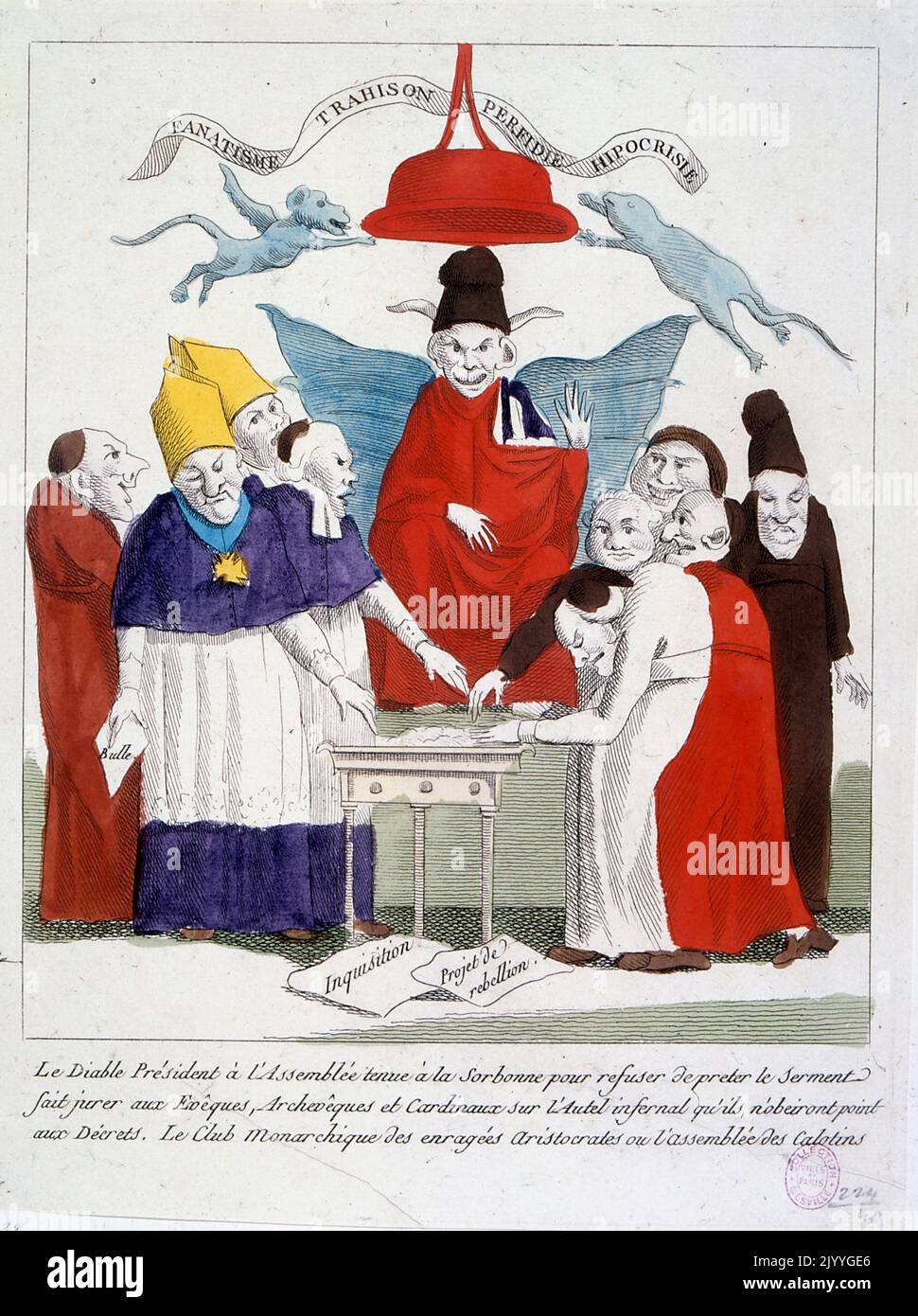 Coloured satirical drawing with a description: 'The Devil president at the assembly at the Sorbonne refusing to preach the sermon judges the bishops, archbishops and cardinals at the infernal altar'; the banner above reads 'False betrayal and malicious hypocrisy'; French Revolution. Stock Photo