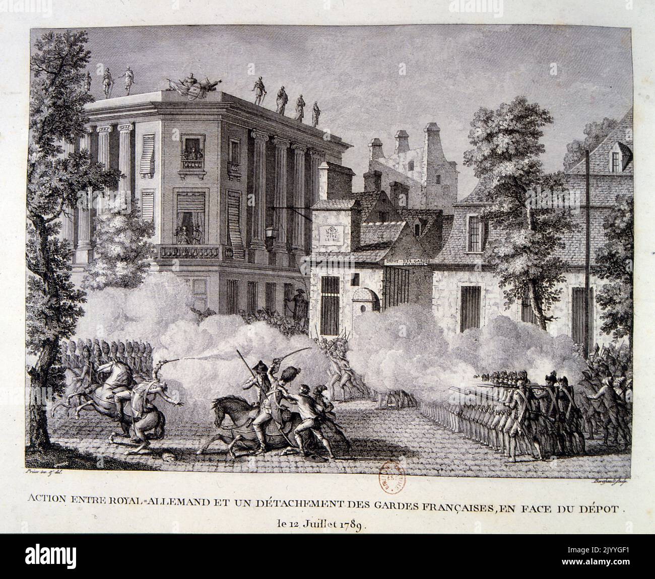 Illustration entitled 'The Battle between the Royal German Regiment and Part of the French Guard in Front of the Arsenal'; the military fighting in the streets. Stock Photo