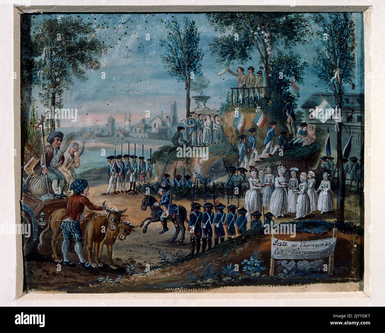 Painting depicting a French military ceremony in honour of the Supreme Being on 20 Prairial Year II. The French Republican calendar was used for about 12 years beginning in 1793 and was intended to remove all religious and royalist references to dating. Stock Photo