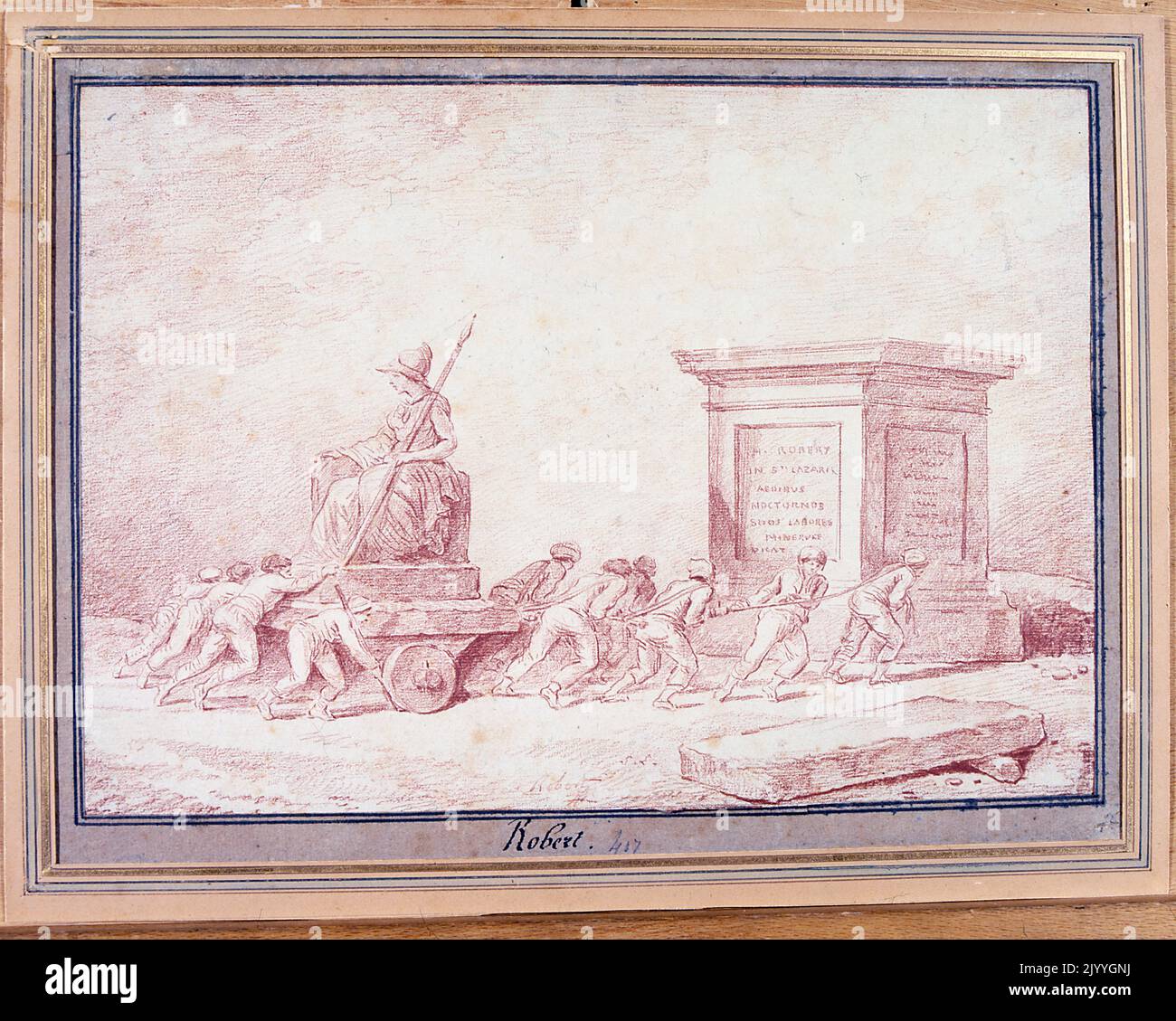 Pastel drawing depicting men dragging a chariot with a statue of a woman warrior about to be put on a plinth. Stock Photo