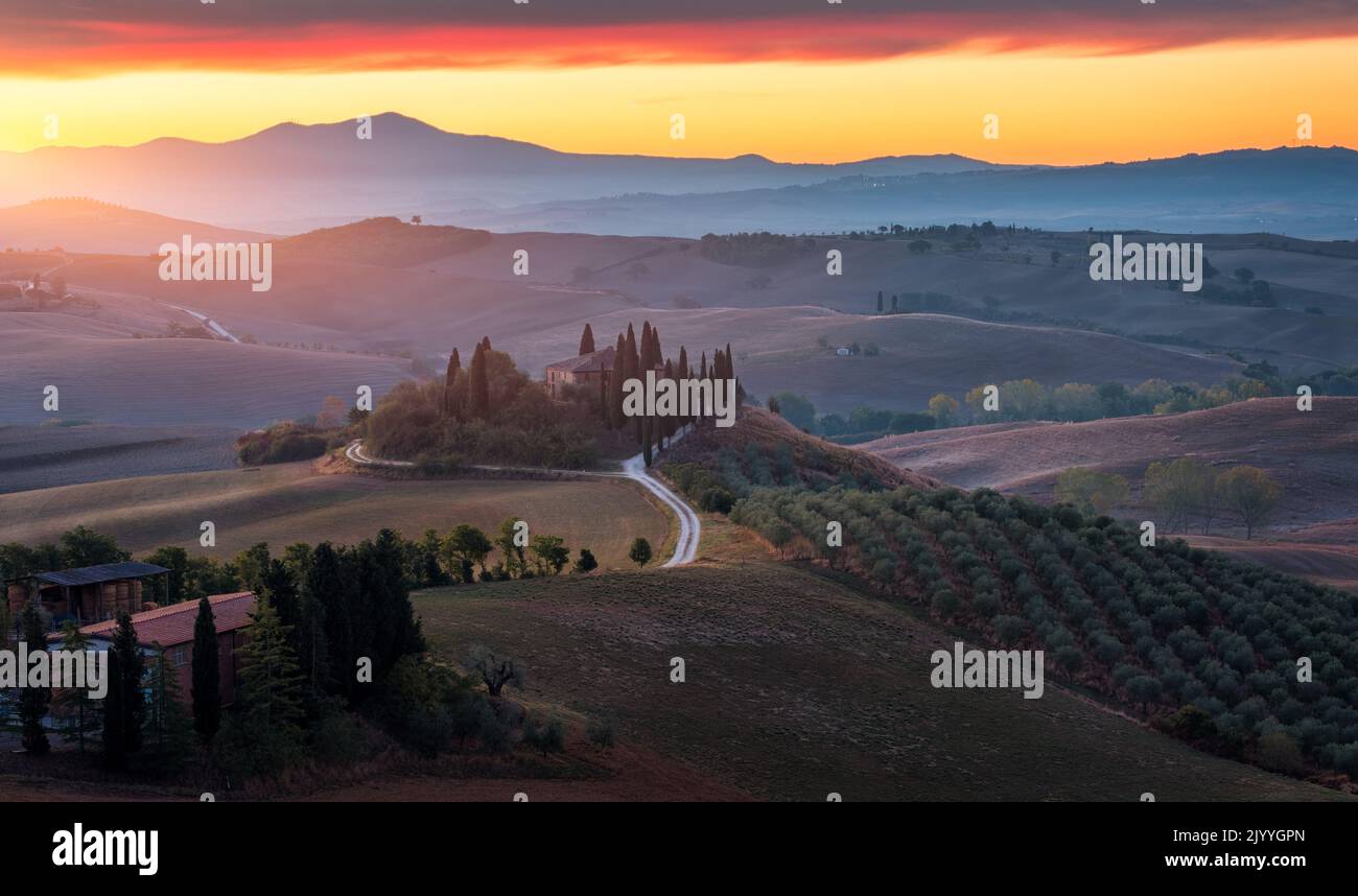 Well known Tuscany landscape with grain fields, cypress trees and houses on the hills at sunset. Summer rural landscape with curved road in Tuscany, I Stock Photo