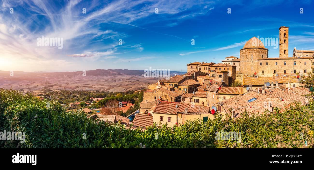 Tuscany, Volterra town skyline, church and panorama view. Maremma, Italy, Europe. Panoramic view of Volterra, medieval Tuscan town with old houses, to Stock Photo