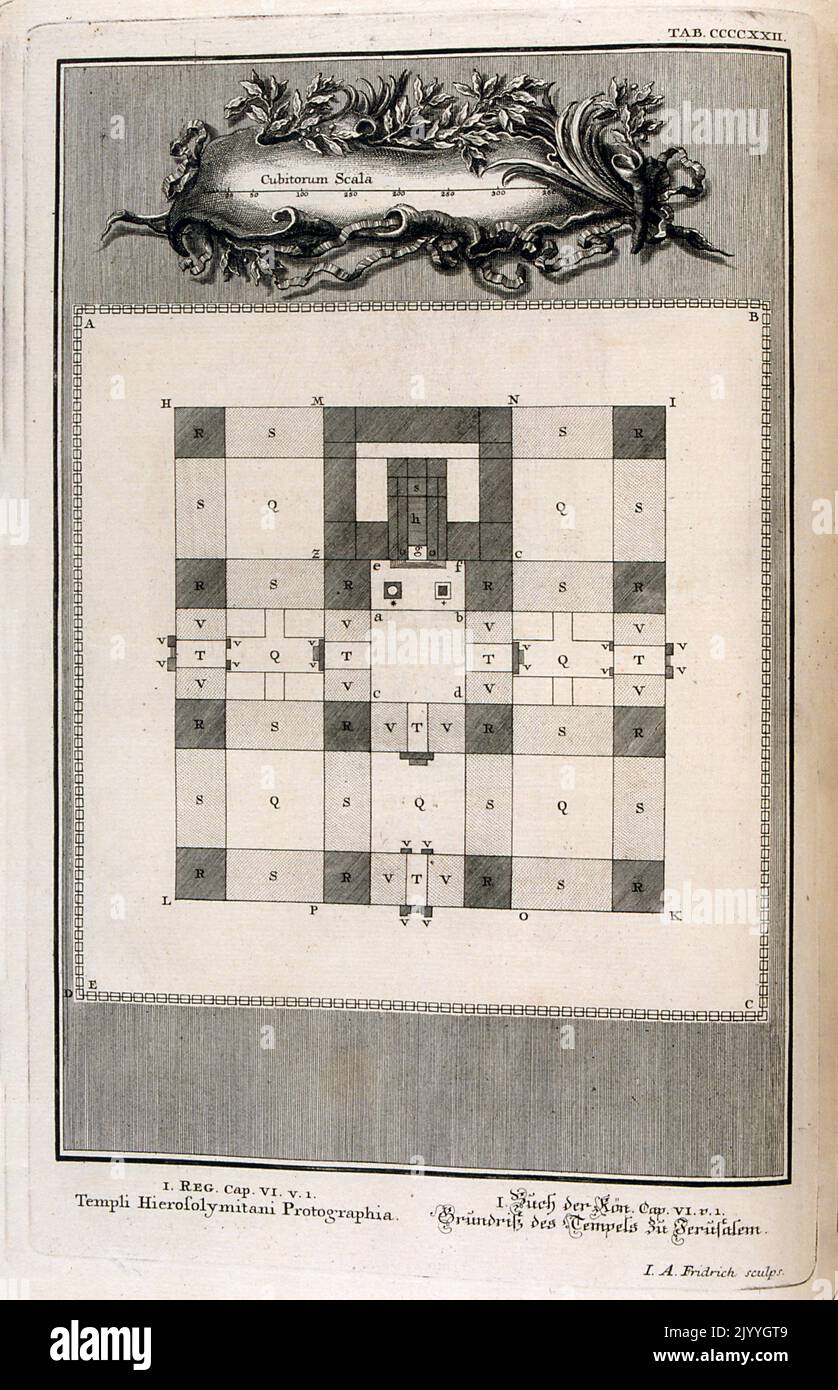 Illustration depicting the floorplan of the ancient Temple of Jerusalem. The Illustration is set within an ornate frame. Stock Photo