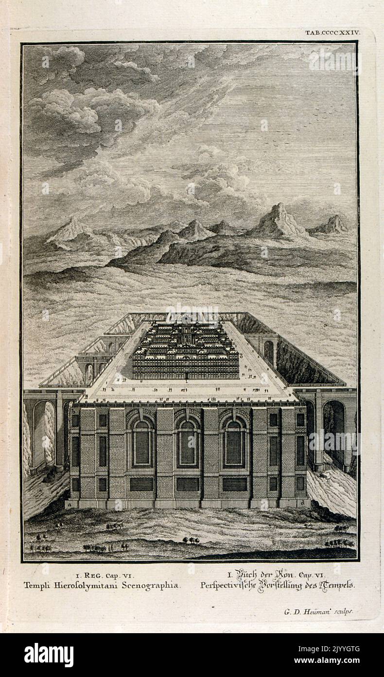 Illustration depicting an aerial perspective of the ancient Temple of Jerusalem. The Illustration is set within an ornate frame. Stock Photo
