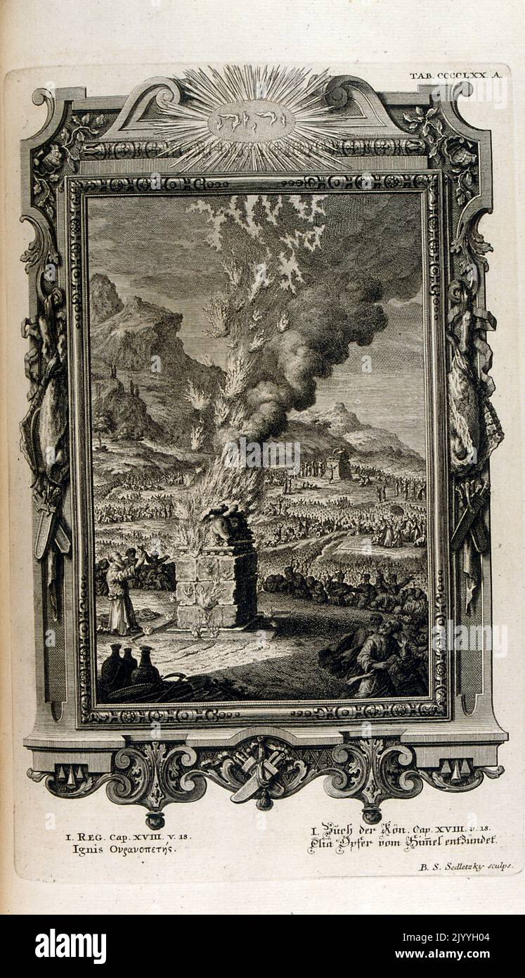 Engraving entitled 'The sacred monument blows up'. The Illustration is set within an ornate frame. Stock Photo