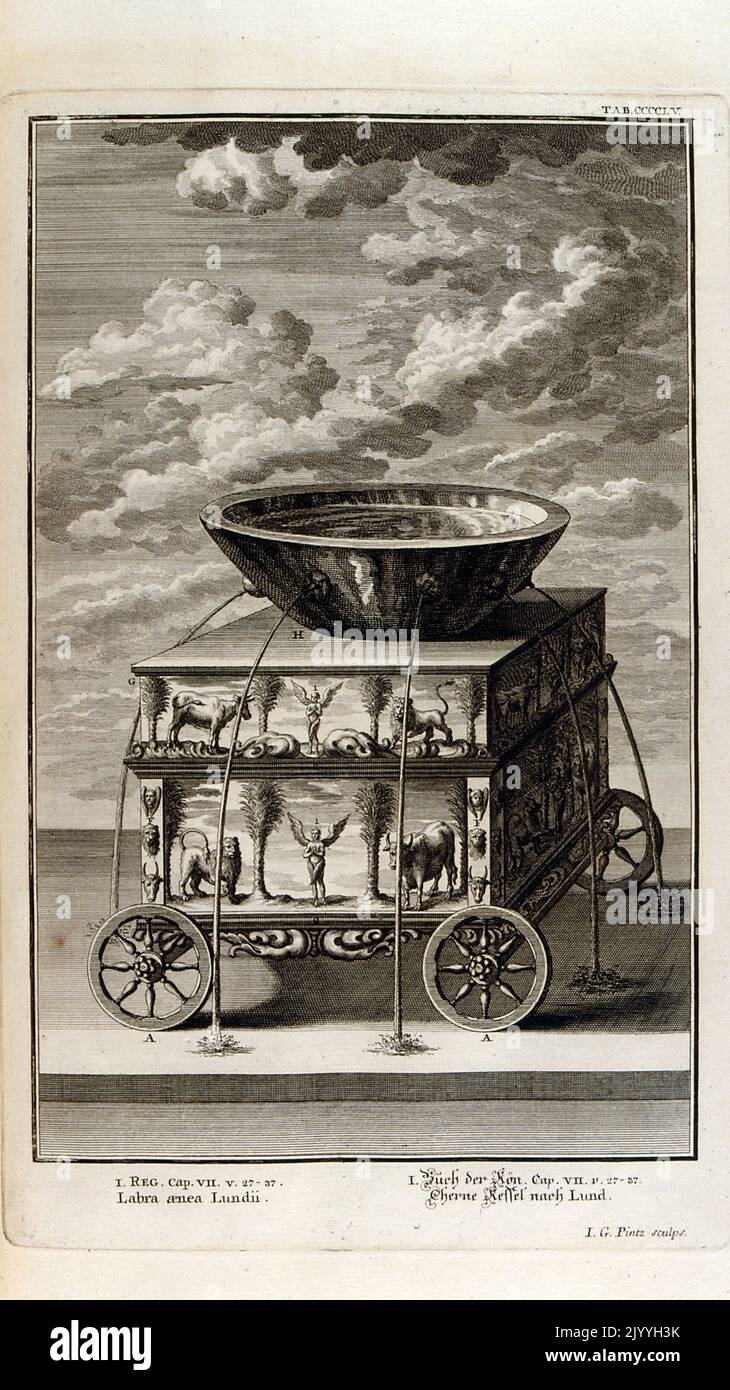 Engraving depicting a chest on wheels with a water bowl on top and leaking out of the sides. The Illustration is set within an ornate frame. Text reads Labra aenea Lundi (Washtub Monday). Stock Photo