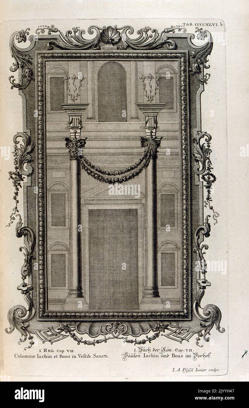 Engraving depicting a pair of sacred columns. The Illustration is set within an ornate frame. Stock Photo