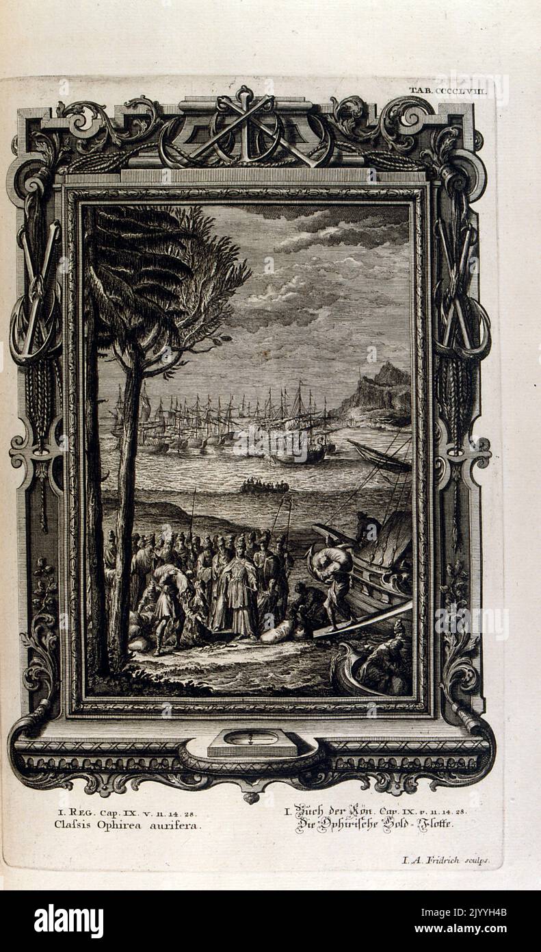 Engraving depicting a priestly clan gathered on the seafront with ships in the background. The Illustration is set within an ornate frame. Stock Photo