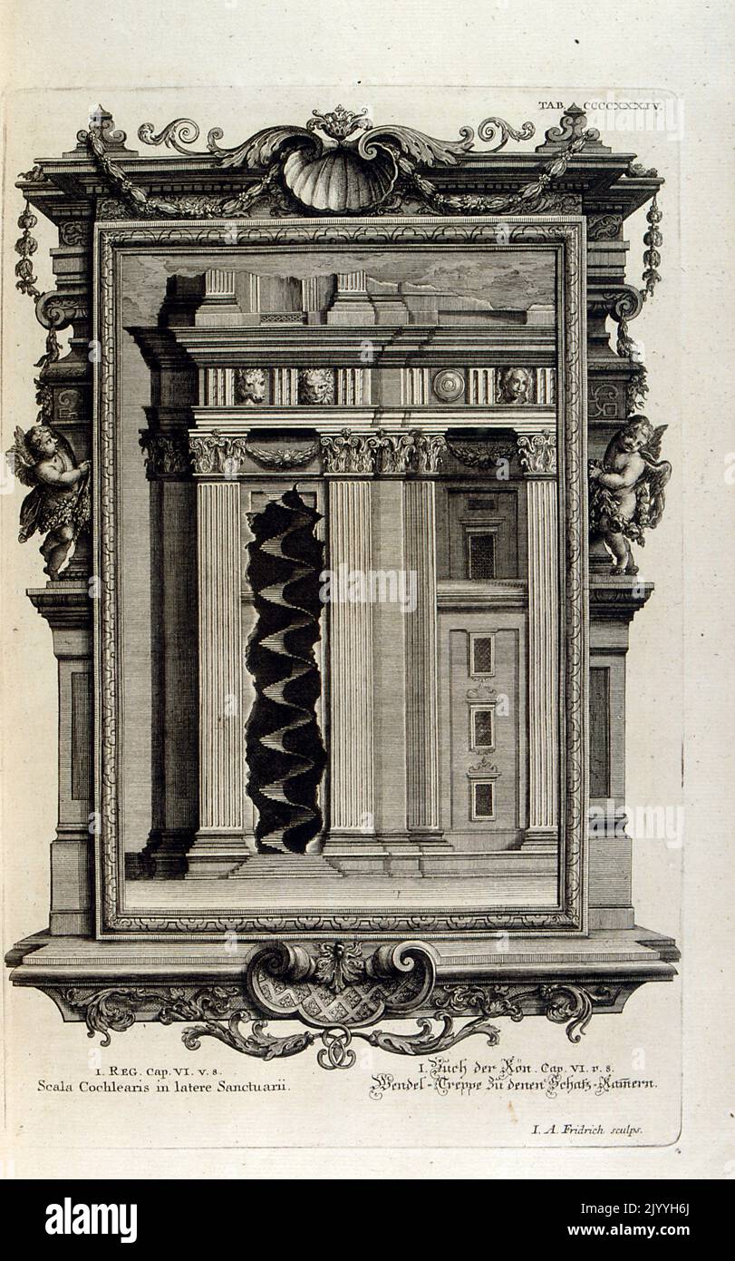 Engraving depicting a diagram of the interior of a classical structure showing the shell-like form of the staircase. The Illustration is set within an ornate frame. Stock Photo