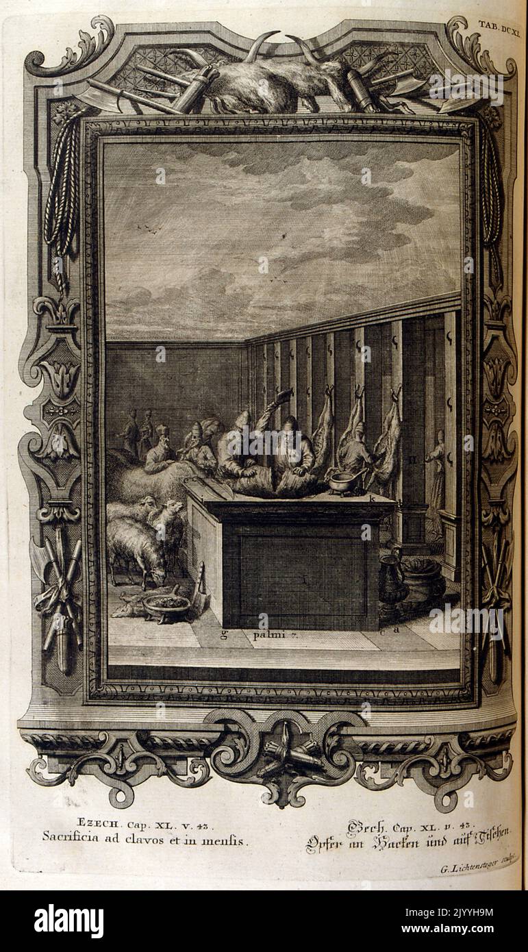 Engraving depicting the butchering of animal carcasses entitled 'Sacrifices to strengthen the table (mind)' from the Book of Ezekiel. The Illustration is set within an ornate frame. Stock Photo