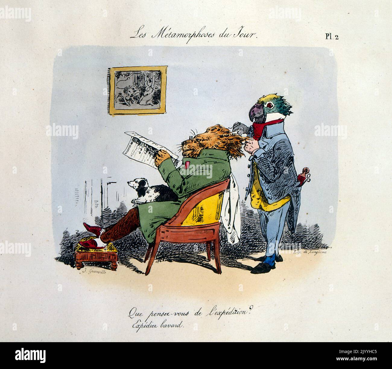 Coloured satirical Illustration depicting a lion dressed in human clothing sitting on a chair with his feet on a footstool and dog on his lap. A picture on the wall shows a lion tamer with a lion. A parrot is doing the lion's hair saying 'What do you think of the expedition?', by Pierre Langlume (1790-1830), French artist. Stock Photo