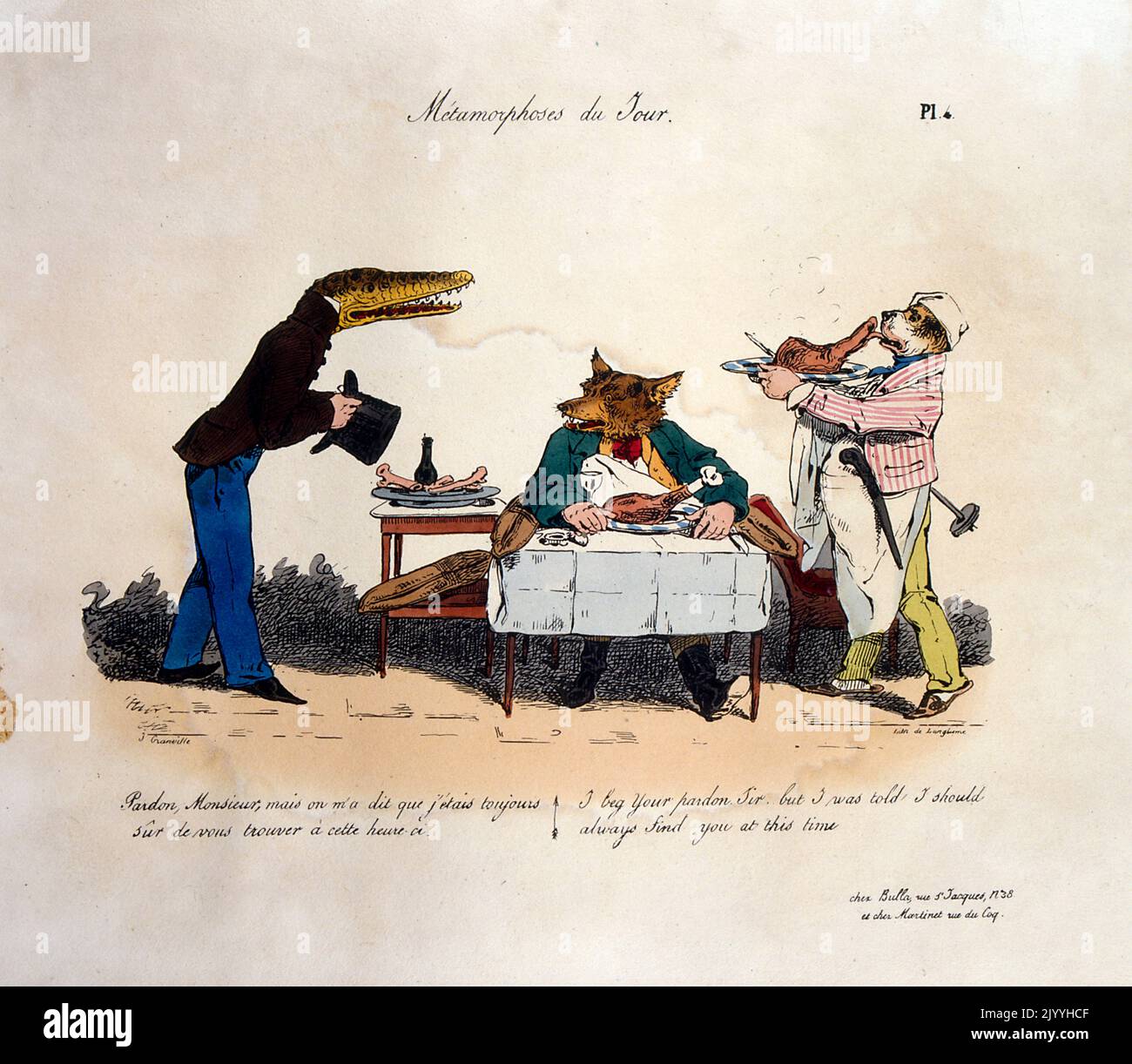 Coloured satirical Illustration of a fox eating at a table on his own being served by a dog. A crocodile man approaches saying, 'I beg your pardon, sir, but I was told I would always find you at this time', by Pierre Langlume (1790-1830), French artist. Stock Photo