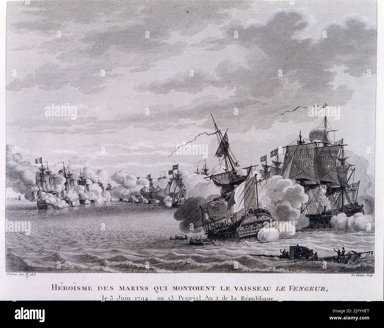 Engraving entitled 'Heroism of the Navy in the Vessel Le Vengeur' depicting ships on the sea. Stock Photo