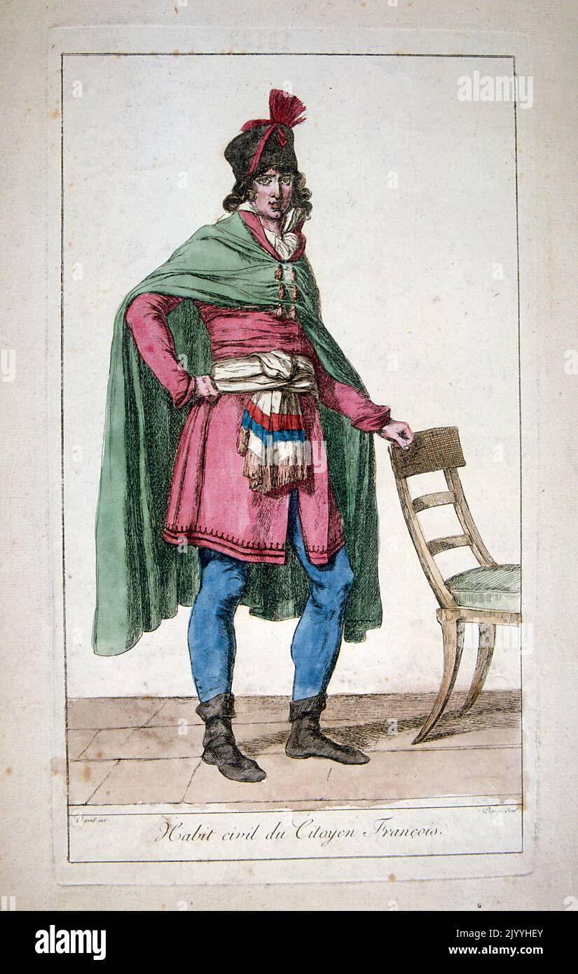 Coloured print depicting the dress of the average French citizen during the 18th century. Stock Photo