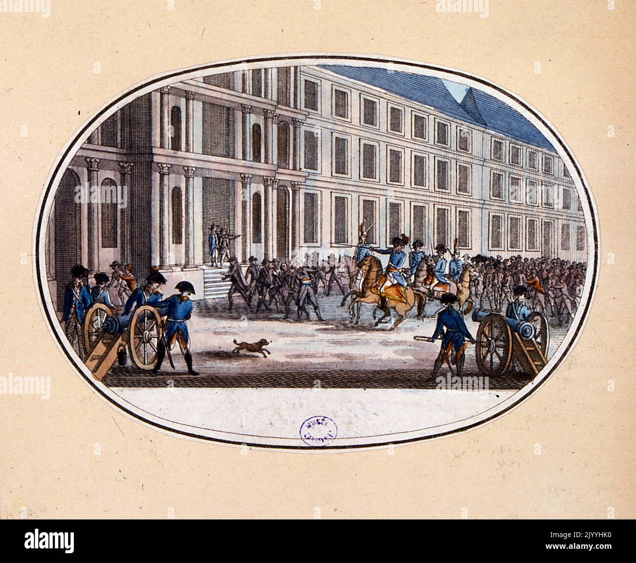 Coloured print depicting French troops preparing to siege a building. Stock Photo