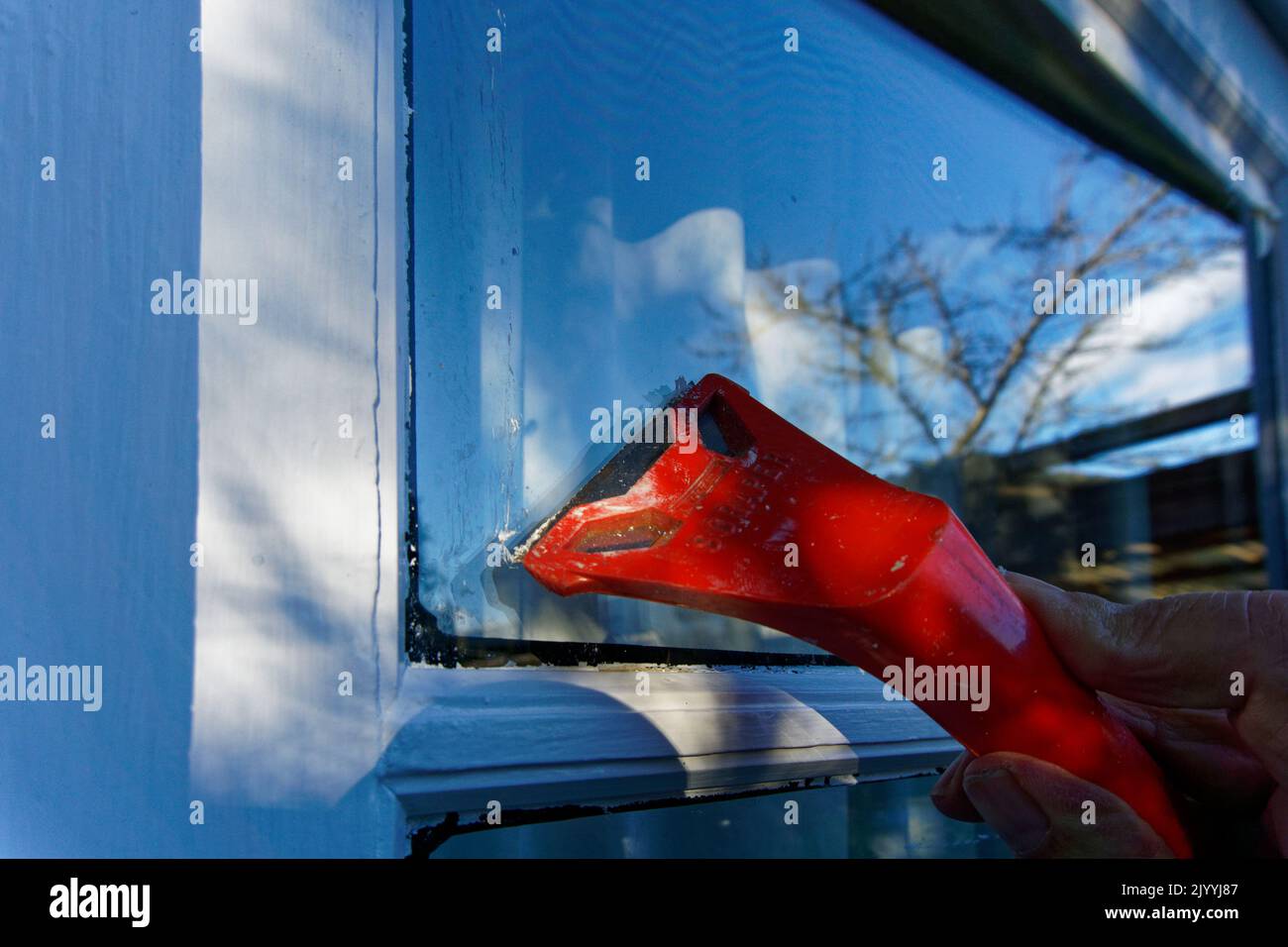 Scraping paint off of glass window panes, renovating and maintaining an