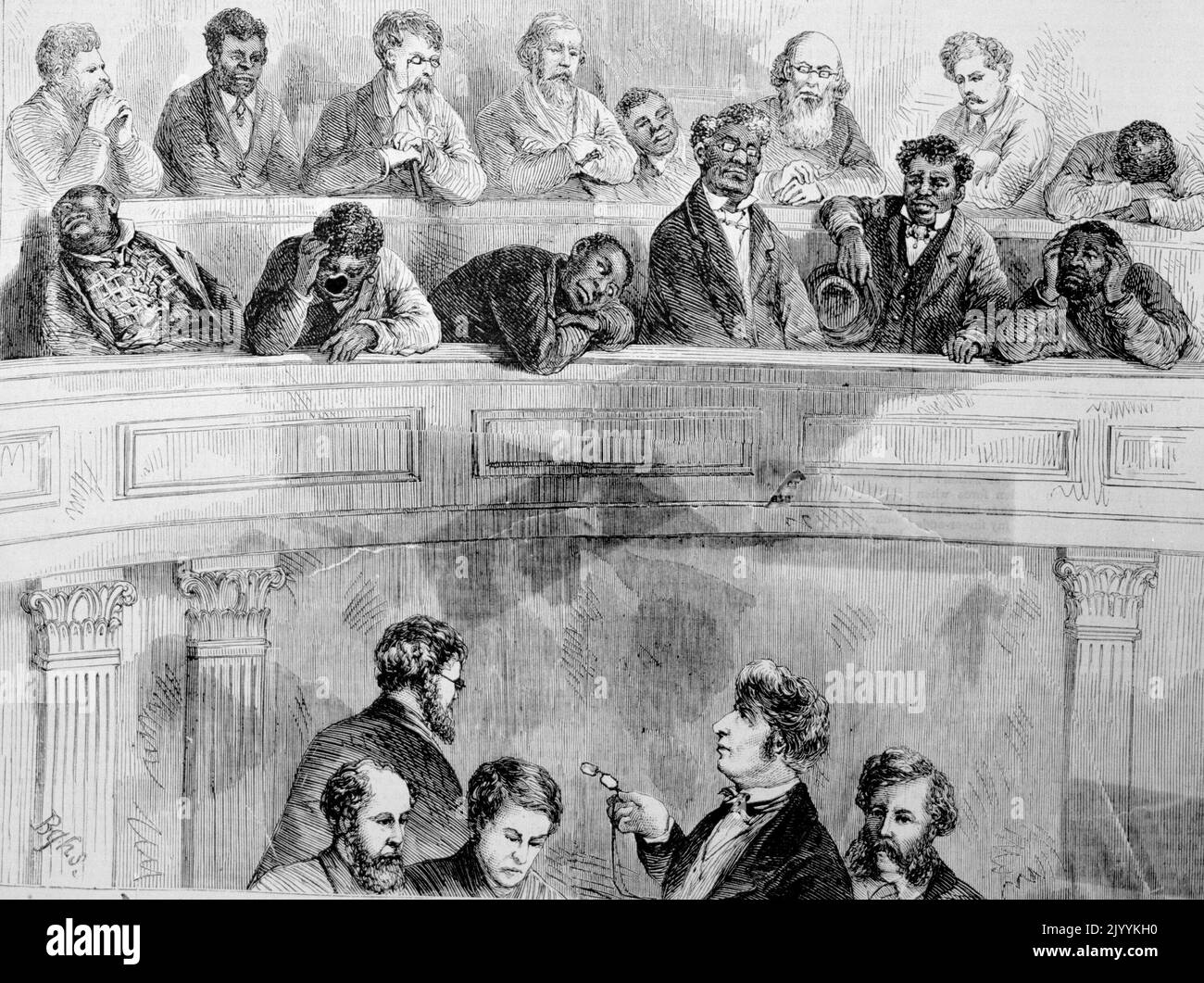 An illustration of the gentlemen's gallery during the impeachment trial of president Andrew Johnson between March and May 1868. Stock Photo