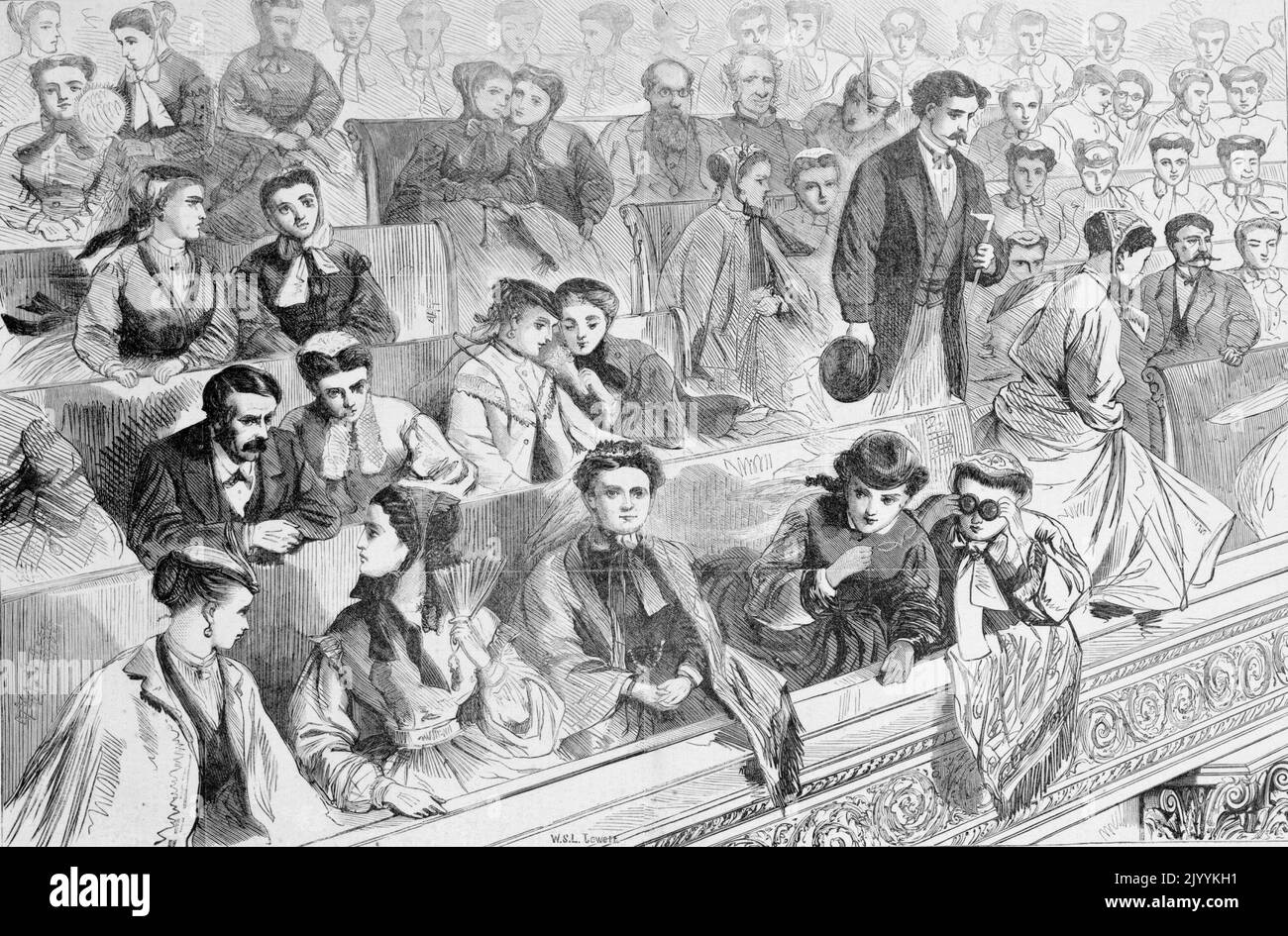 An illustration of the ladies' gallery during the impeachment trial of president Andrew Johnson between March and May 1868. Stock Photo
