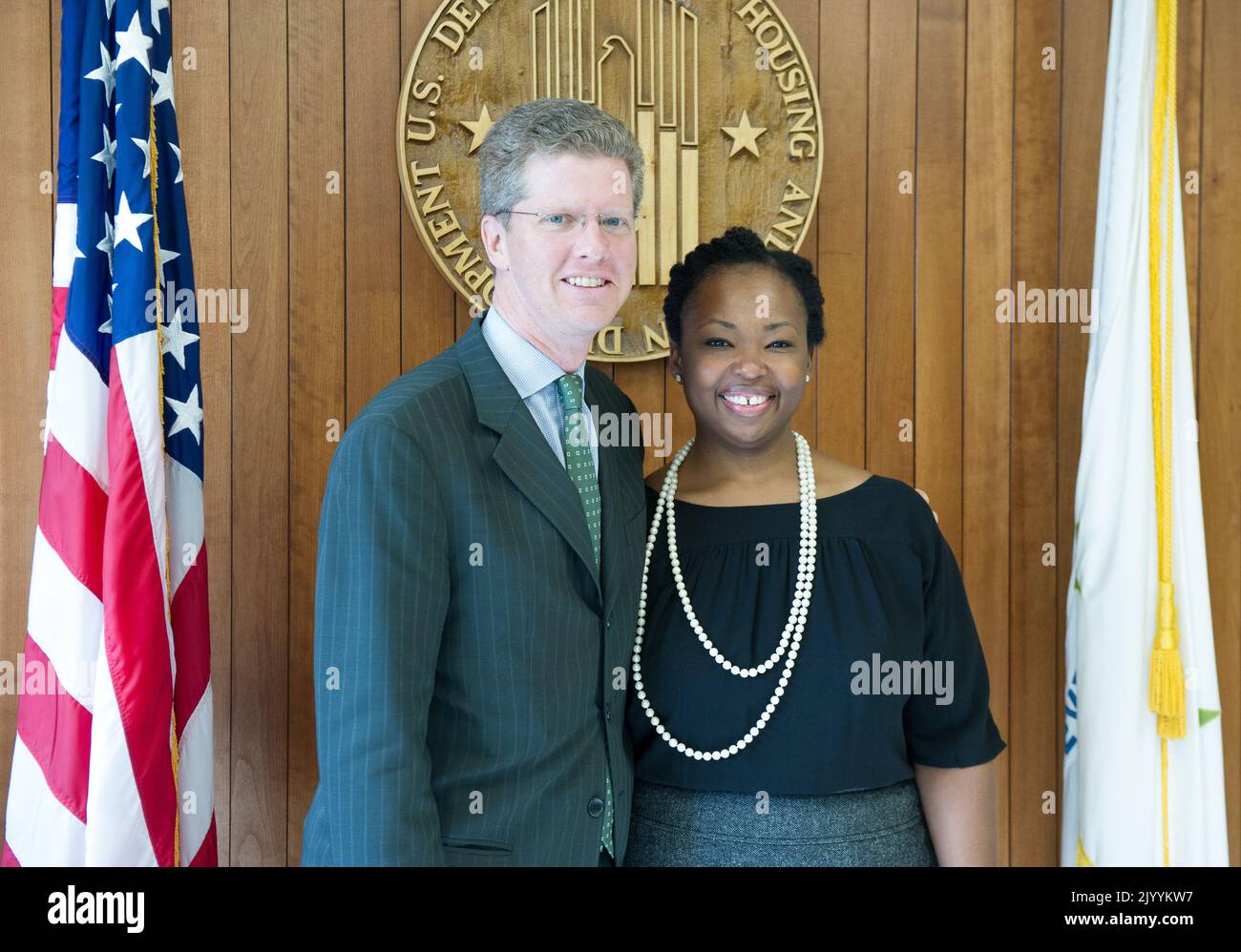 Secretary Shaun Donovan with HUD Deputy Press Secretary Tiffany Thomas Smith. Stock Photo