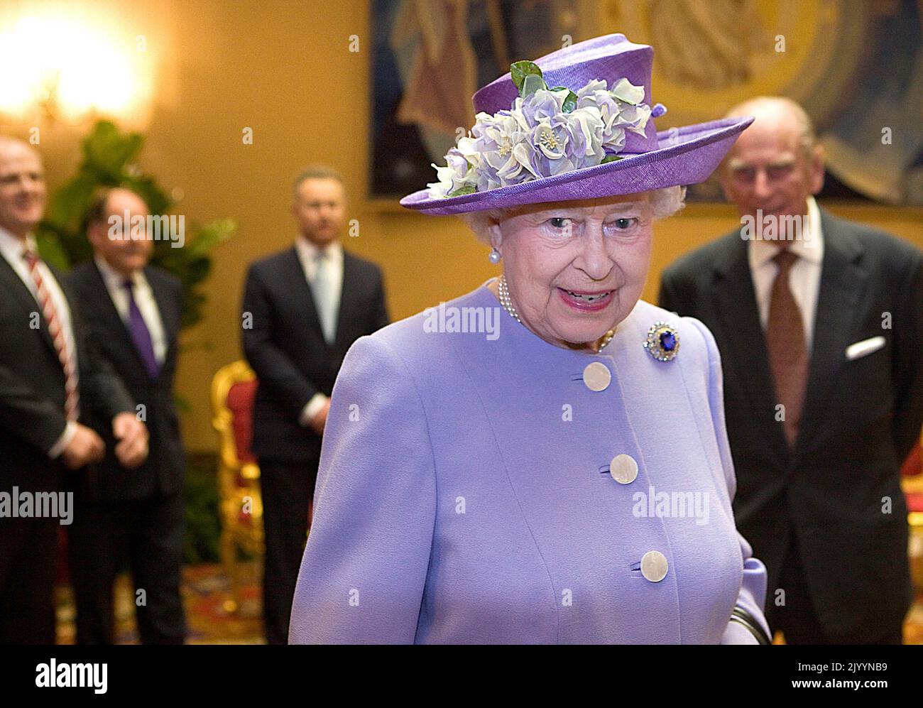 Queen Elizabeth died on 9 September 2022. In the archive photo:Britain's Queen Elizabeth and her husband Prince Philip and Pope Francis during their meeting in Vatican City On April 3, 2014. Stock Photo