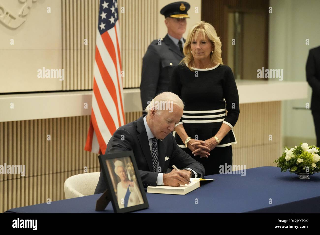 Washington, United States. 08th Sep, 2022. United States President Joe Biden and first lady Dr. Jill Biden sign the condolence book during their visit to the British Embassy in Washington, DC to pay respects following the passing of Queen Elizabeth II on Thursday, September 8, 2022. Photo by Chris Kleponis/UPI Credit: UPI/Alamy Live News Stock Photo