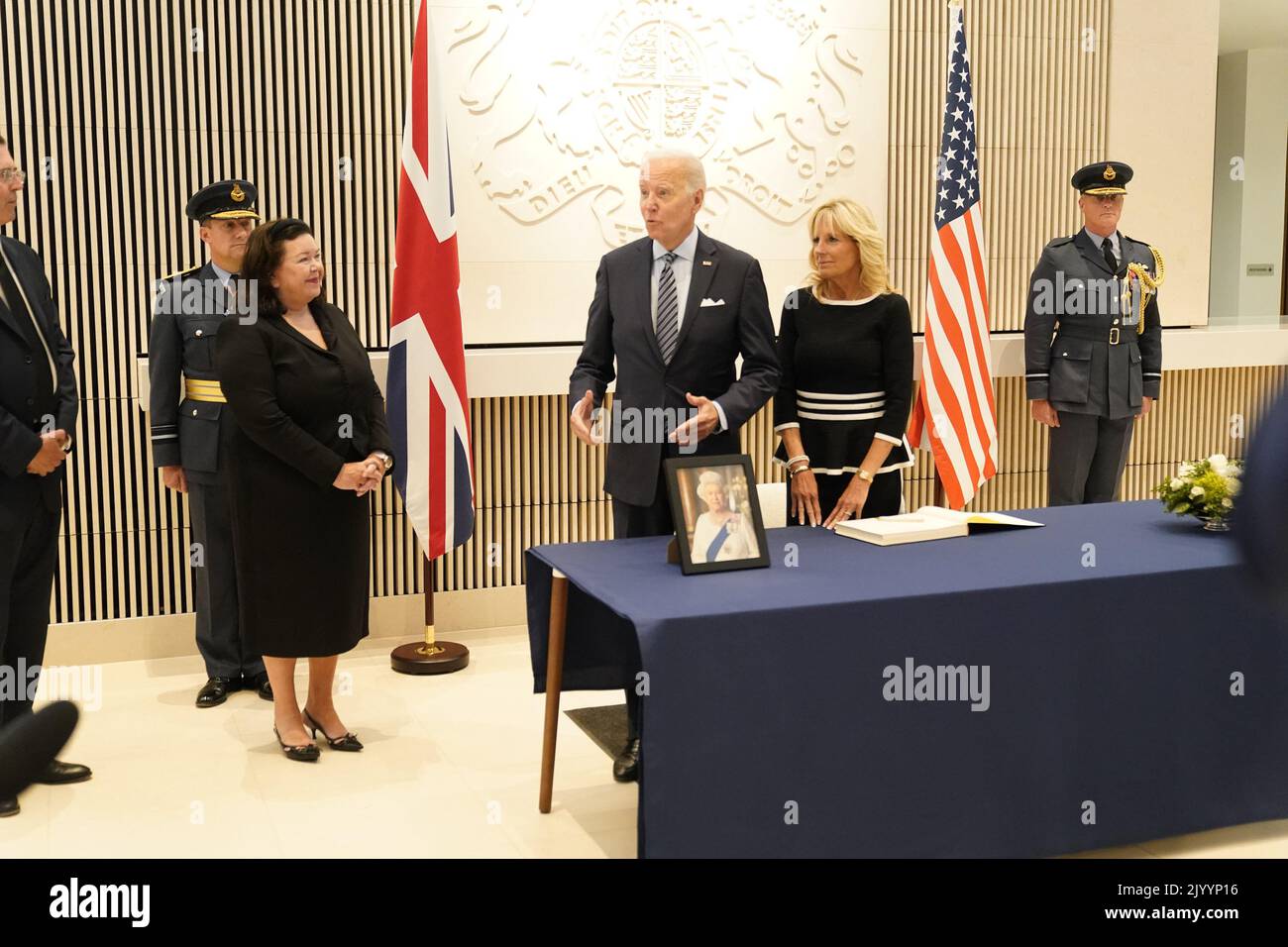 Washington, United States. 08th Sep, 2022. United States President Joe Biden and first lady Dr. Jill Biden sign the condolence book during their visit to the British Embassy in Washington, DC to pay respects following the passing of Queen Elizabeth II on Thursday, September 8, 2022. Photo by Chris Kleponis/UPI Credit: UPI/Alamy Live News Stock Photo