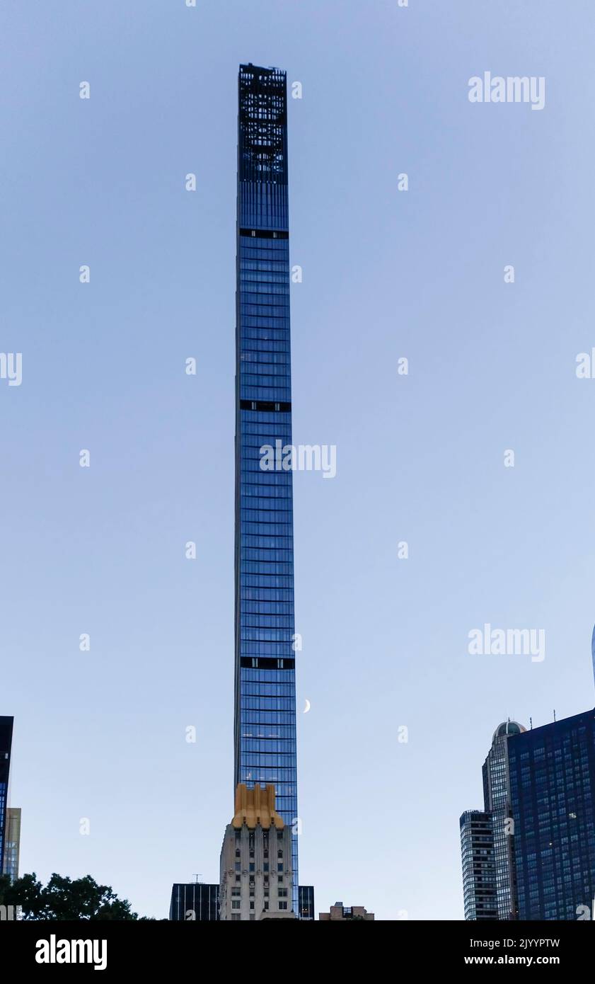 Park Tower near Central Park, Manhattan, NYC, USA with crescent moon Stock Photo